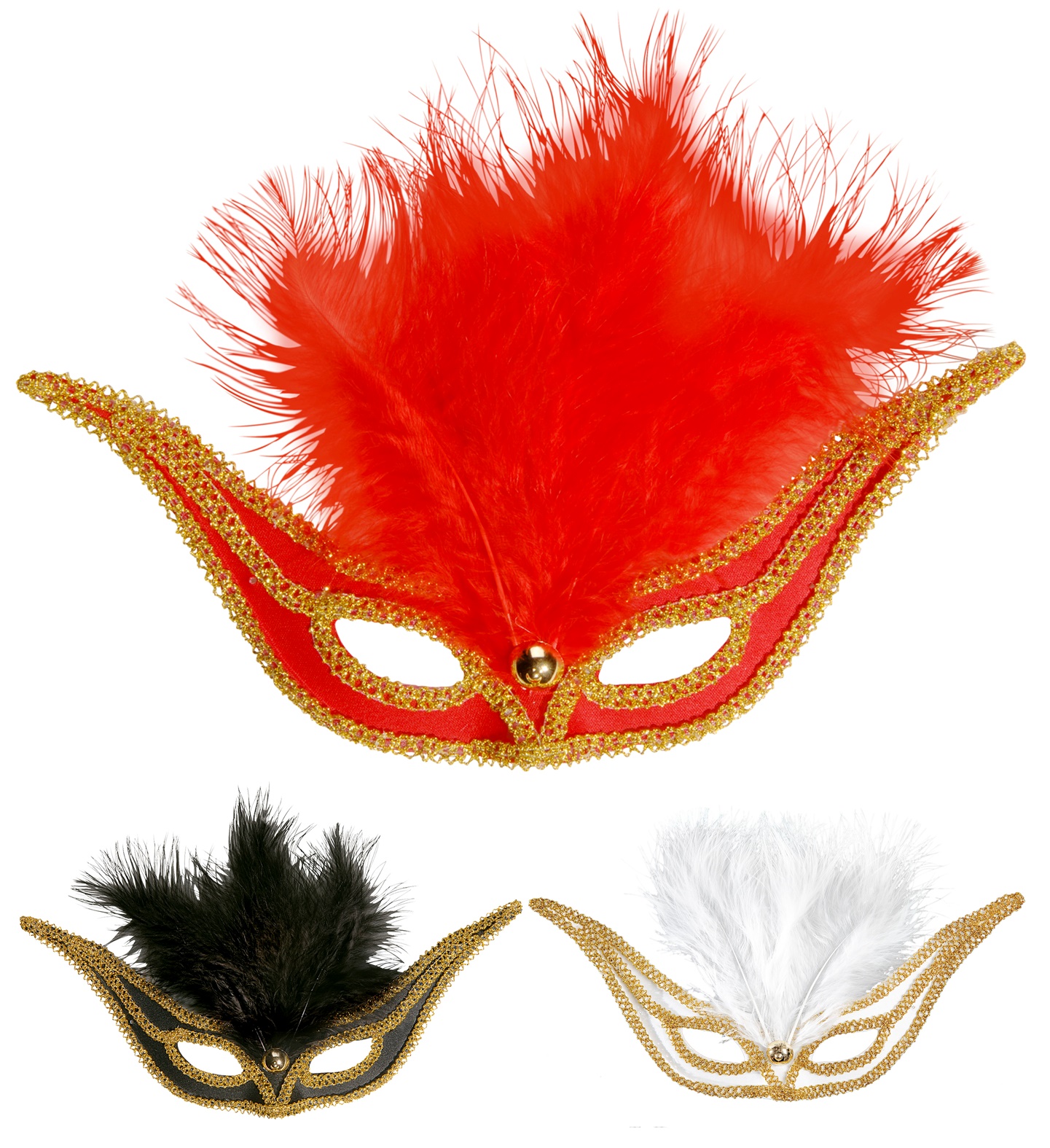 MASKER VENITIAANS PLUIM ROOD - WIT OF ZWART